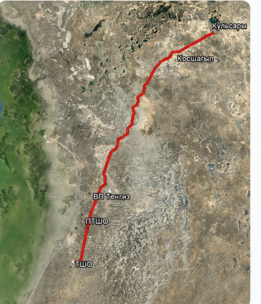 Satellite map of the pipeline route from Kulsary to TCO