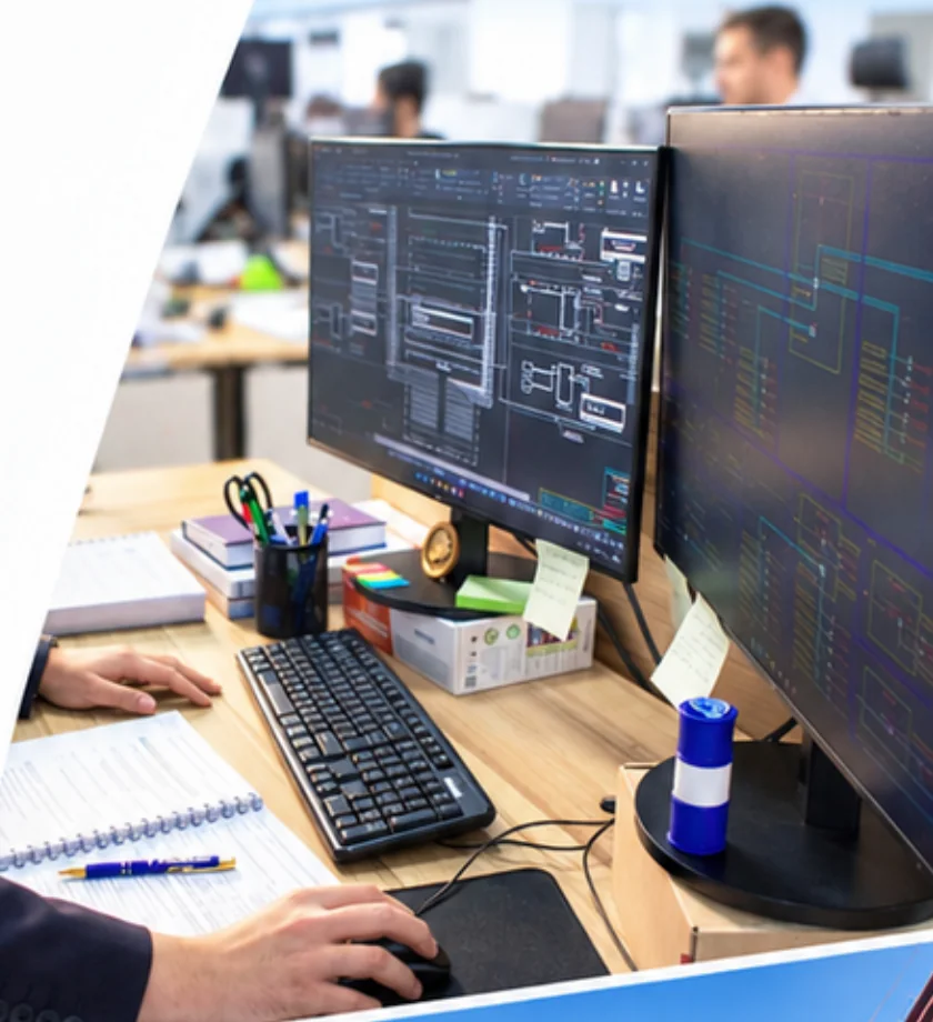Engineer's workstation with drawings on screen